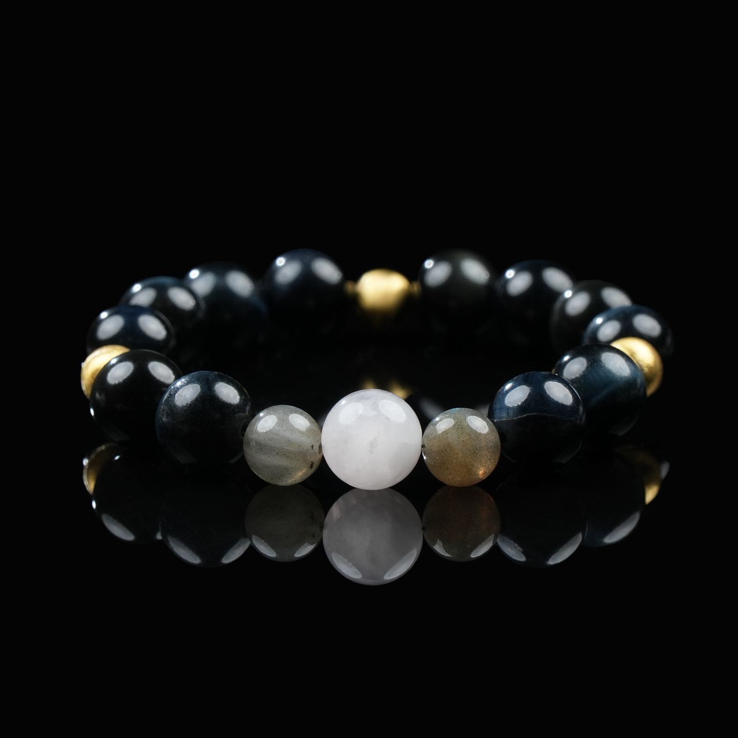 Blue Tiger’s Eye, Gray Moonstone & Clear Quartz Bracelet – Intuition, Grounding & Clarity