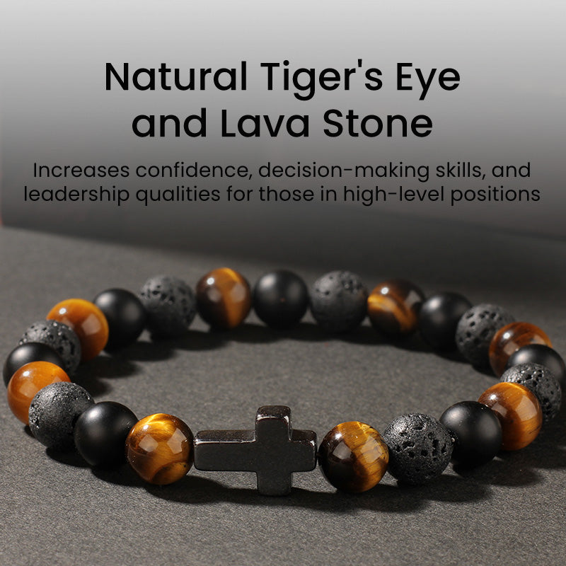 Tiger’s Eye, Lava Stone & Black Obsidian Bracelet with Cross Charm – Strength, Protection & Spiritual Balance