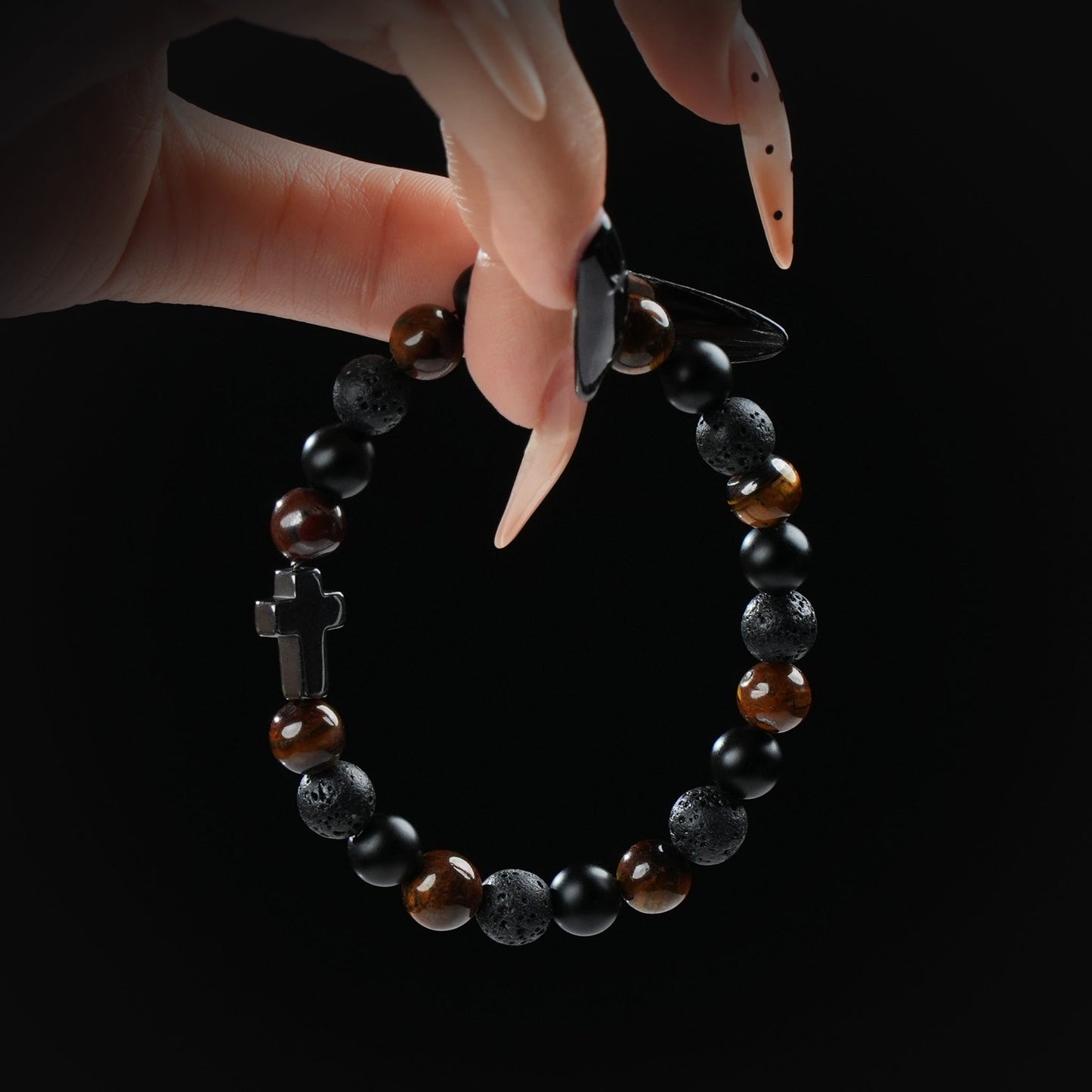 Tiger’s Eye, Lava Stone & Black Obsidian Bracelet with Cross Charm – Strength, Protection & Spiritual Balance