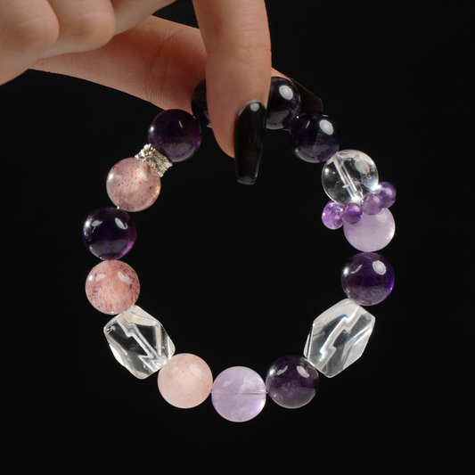 Amethyst & Strawberry Quartz Crystal Bracelet – Serenity & Love