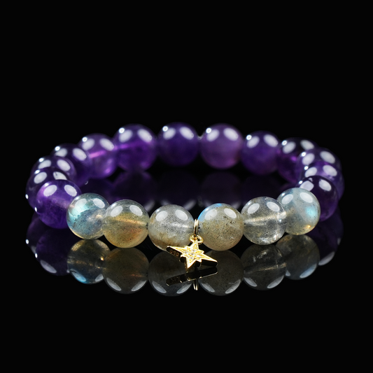 Gray Moonstone & Amethyst Bracelet – Intuition, Emotional Balance & Inner Peace