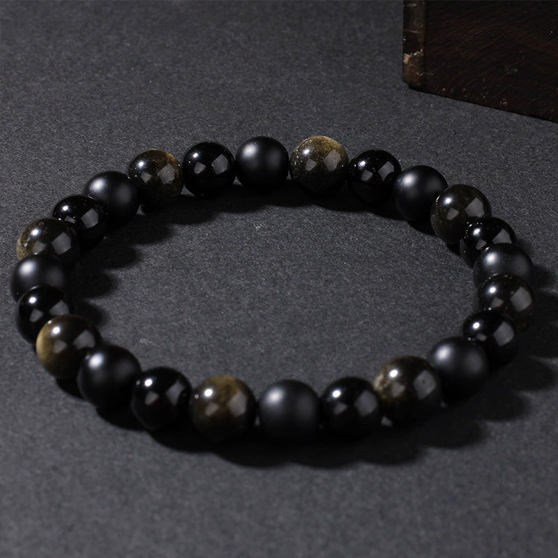 Gold Sheen Obsidian & Black Agate Bracelet – Strength, Protection & Emotional Balance