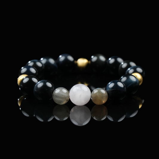 Blue Tiger’s Eye, Gray Moonstone & Clear Quartz Bracelet – Intuition, Grounding & Clarity
