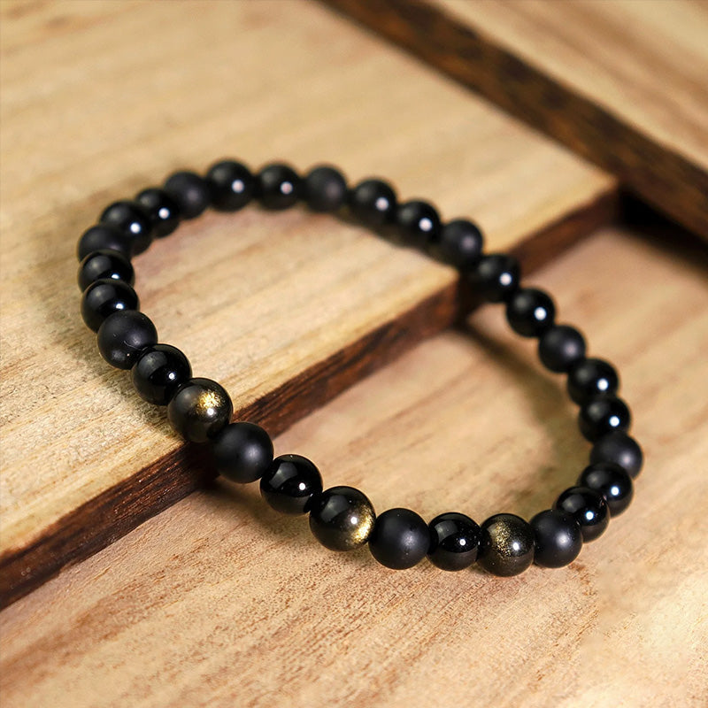 Gold Sheen Obsidian & Black Agate Bracelet – Strength, Protection & Emotional Balance