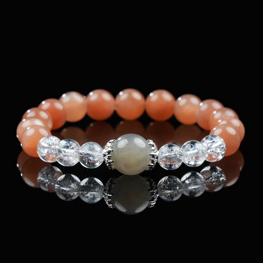 Gray Moonstone, Orange Moonstone & Clear Quartz Bracelet – Balance, Clarity & Feminine Energy