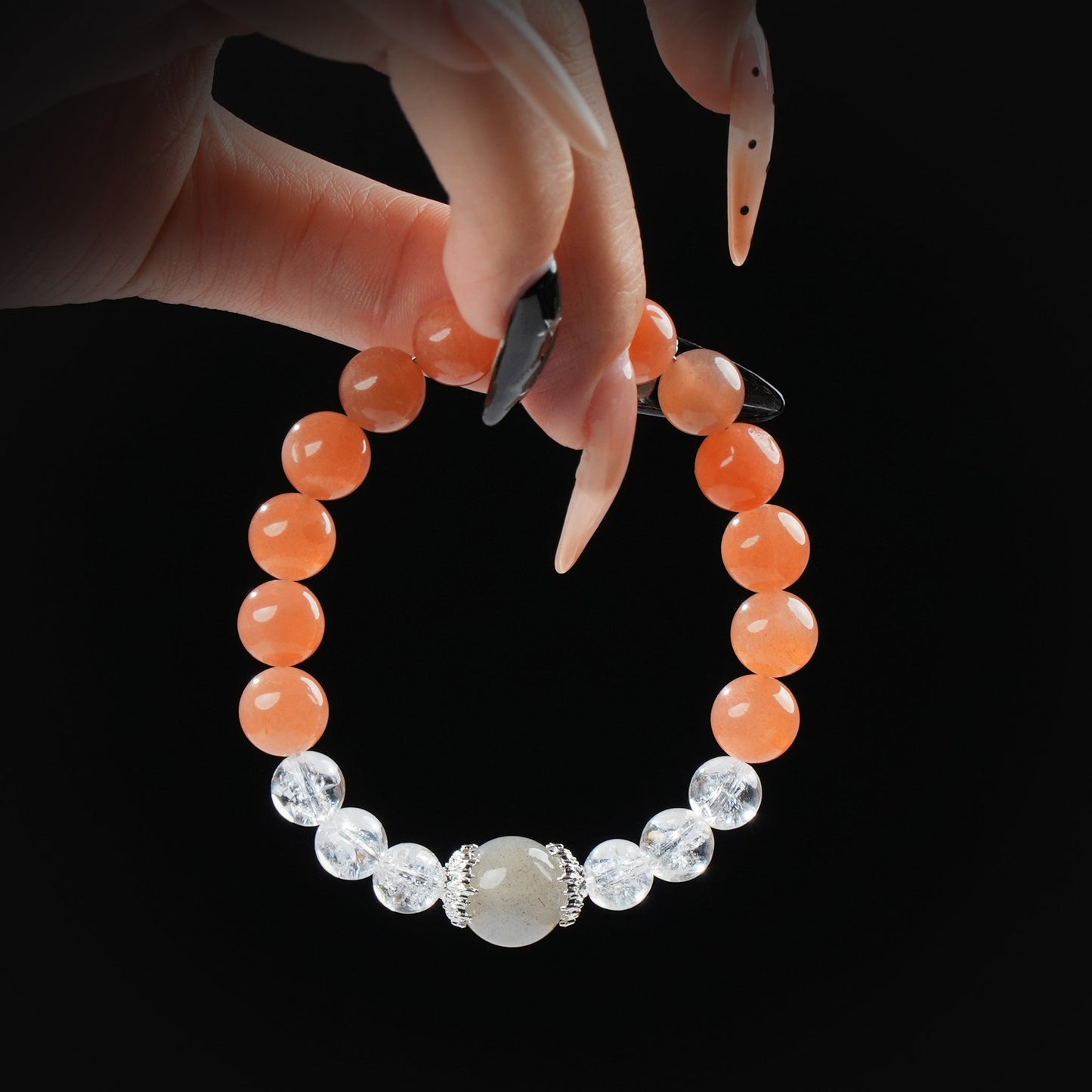 Gray Moonstone, Orange Moonstone & Clear Quartz Bracelet – Balance, Clarity & Feminine Energy
