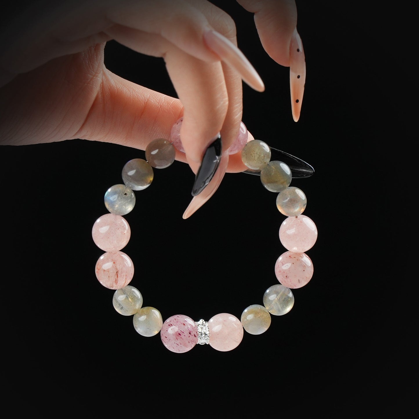 Strawberry Quartz & Gray Moonstone Bracelet – Emotional Balance & Intuition