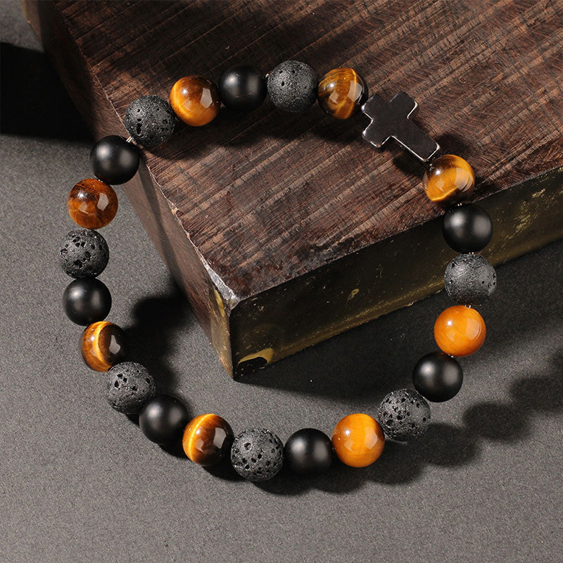 Tiger’s Eye, Lava Stone & Black Obsidian Bracelet with Cross Charm – Strength, Protection & Spiritual Balance