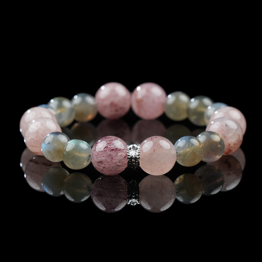 Strawberry Quartz & Gray Moonstone Bracelet – Emotional Balance & Intuition