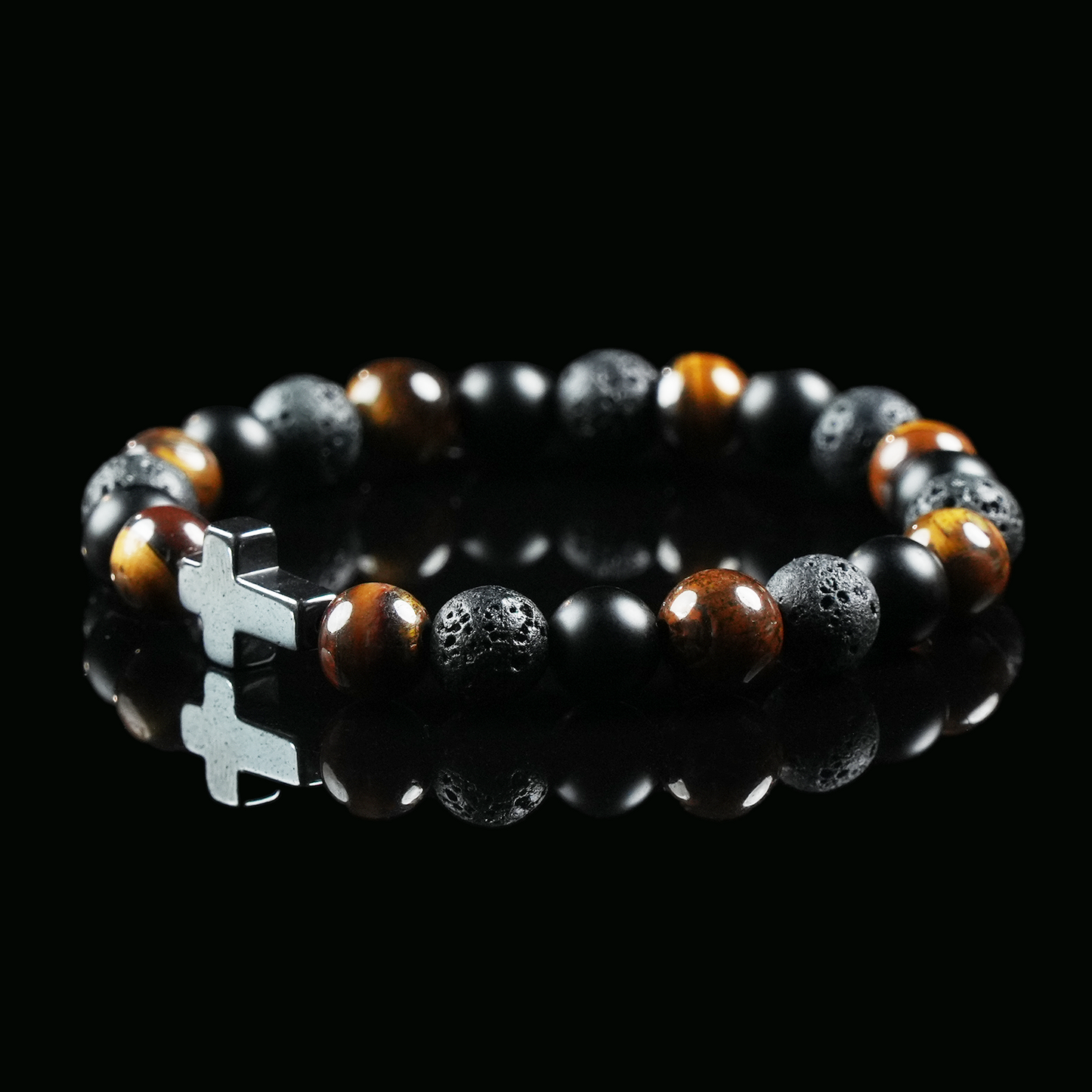 Tiger’s Eye, Lava Stone & Black Obsidian Bracelet with Cross Charm – Strength, Protection & Spiritual Balance