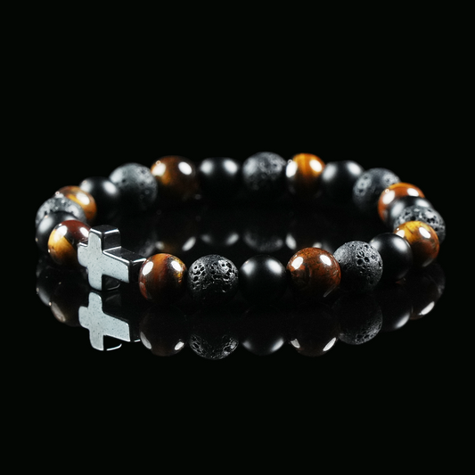 Tiger’s Eye, Lava Stone & Black Obsidian Bracelet with Cross Charm – Strength, Protection & Spiritual Balance