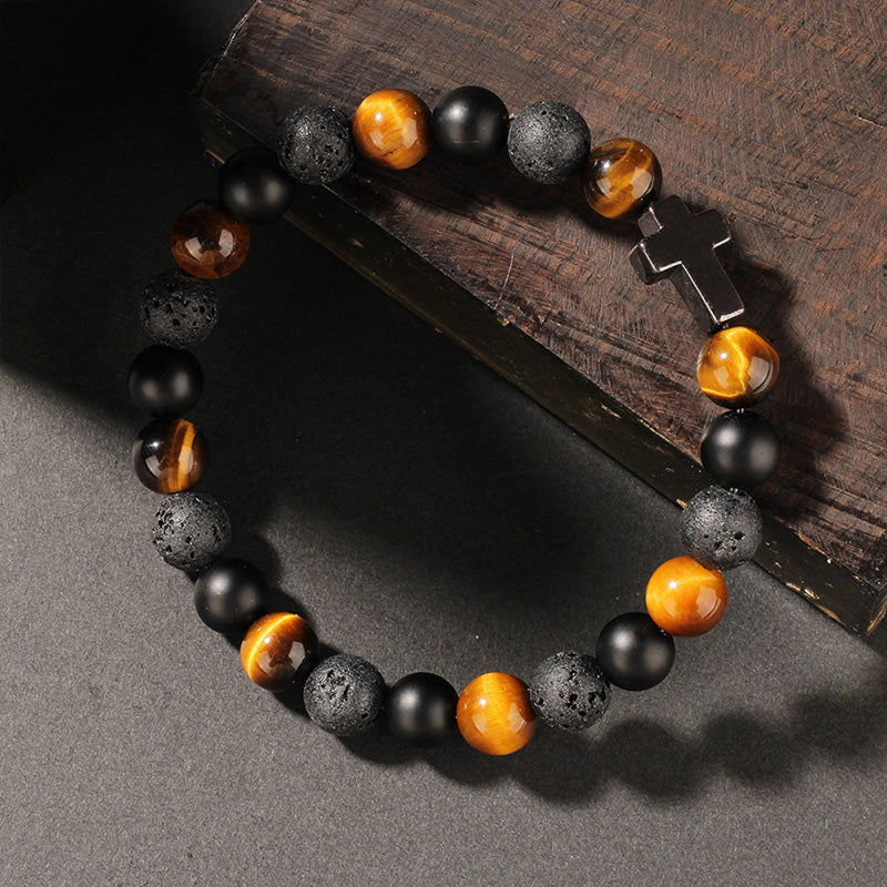 Tiger’s Eye, Lava Stone & Black Obsidian Bracelet with Cross Charm – Strength, Protection & Spiritual Balance