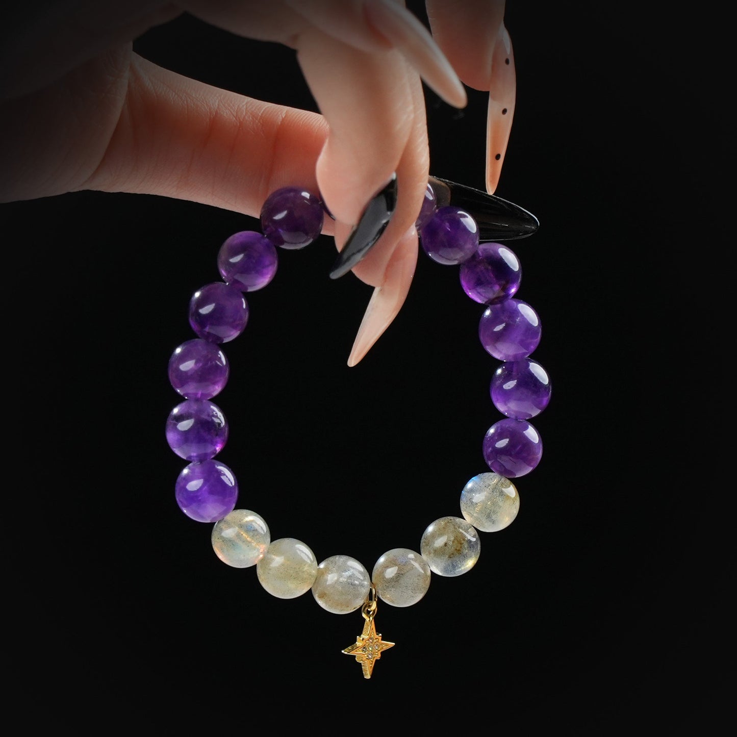Gray Moonstone & Amethyst Bracelet – Intuition, Emotional Balance & Inner Peace