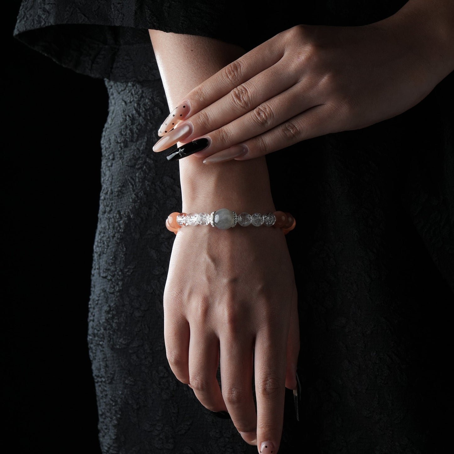 Gray Moonstone, Orange Moonstone & Clear Quartz Bracelet – Balance, Clarity & Feminine Energy
